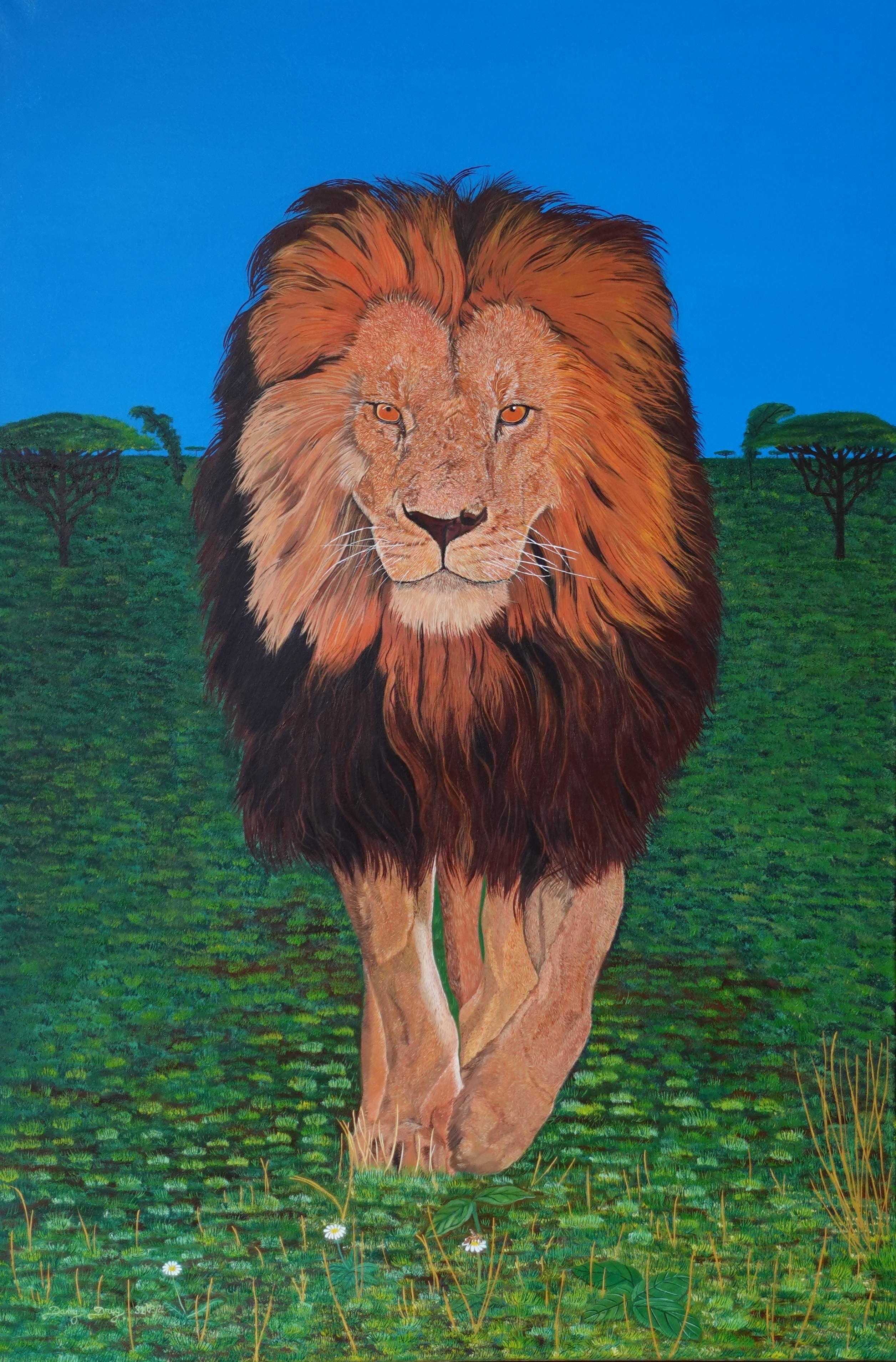 Sa Majesté le Lion en Marche | Peinture à l’huile | Animalière | Daniel Ducarmel